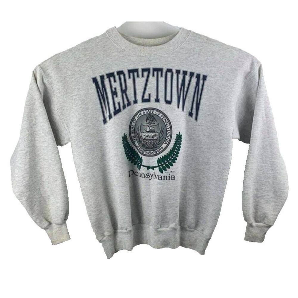 Vintage 90s Mertztown PA Crewneck Sweatshirt Gray L Large Russell Athletic USA